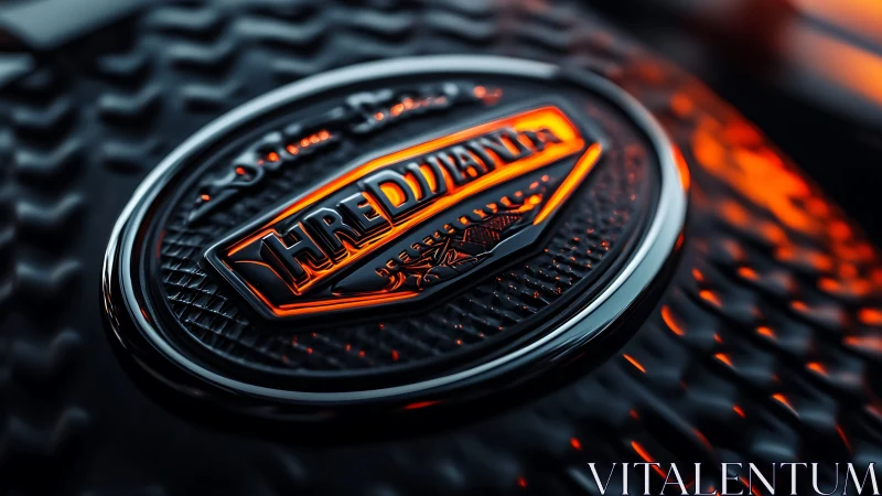 Chromed crest in ember glow on rippled midnight metal.