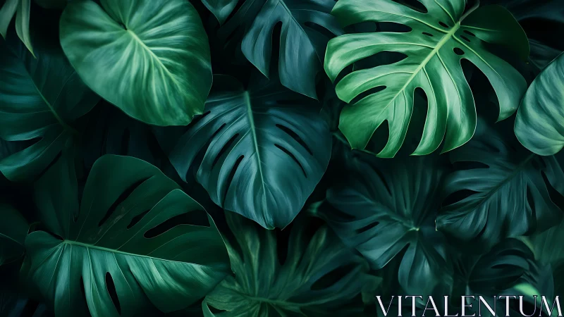 Monstera leaves overlap in dense, dark green foliage cluster