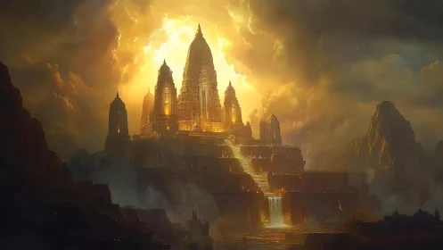 Sunlit fantasy citadel rises above storm-dark mountains.