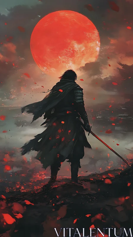 Armored swordsman silhouetted against colossal blood moon.