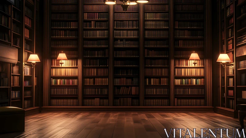 Symmetric mahogany library interior with lamplit shelving grid.