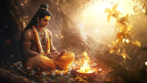 Meditating robed figure illuminated by volumetric firelight haze