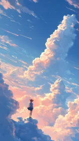 Aerodynamic skywalk: solitary figure amid stratiform cumulus.