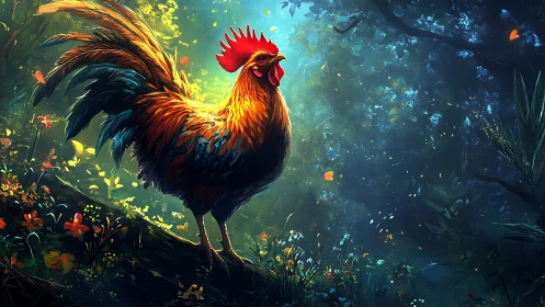 Radiant Rooster in Luminescent Garden Environment with Dynamic Color Palette.