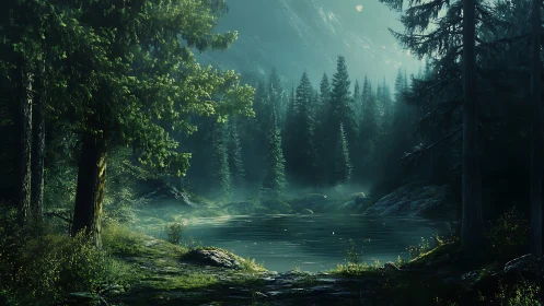 Serene Mountain Lake Surrounded by Ancient Forest