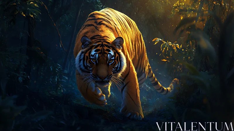 Tiger prowls through shadowed jungle in dramatic golden light