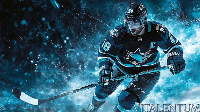 Dynamic ice hockey forward in teal-blue motion blur rendering.