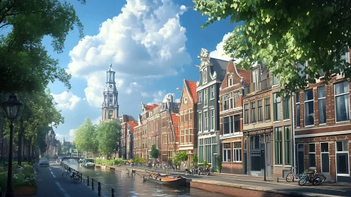 Historic canal street with tower and row houses in sunlight.