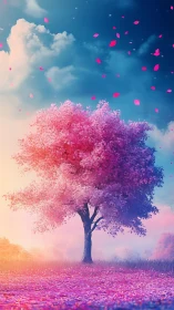 Dreamlit blossom tree under floating petal skies.