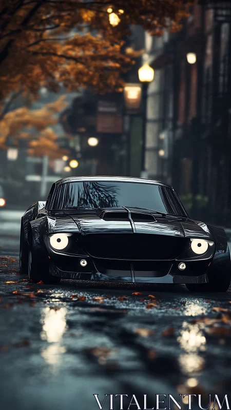 Moody black muscle car glides through a quiet autumn street