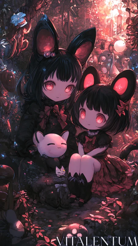 Two chibi figures with animal ears in glowing forest setting.