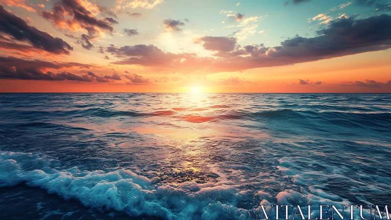 High-saturation ocean sunset with dynamic wave foam foreground