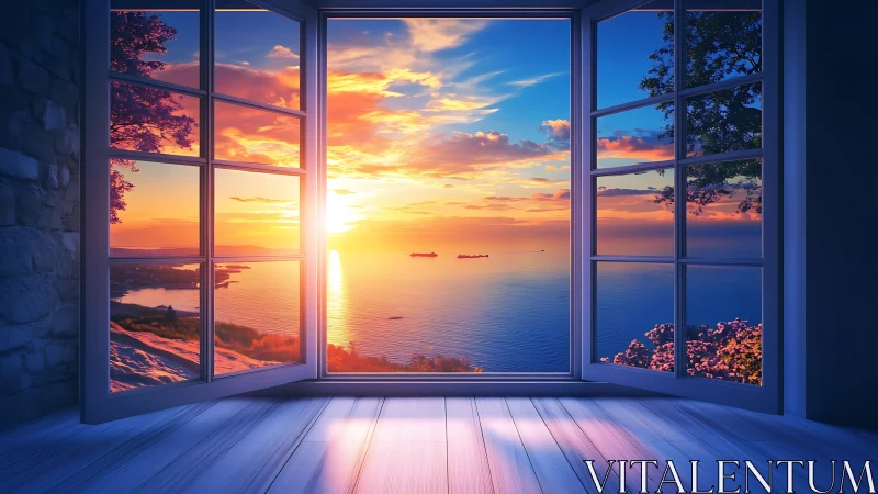 Sunset ocean view framed by open window interior scene.