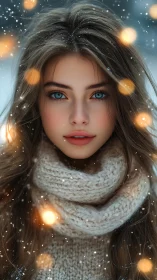 Young woman in winter scarf under snow with glowing lights