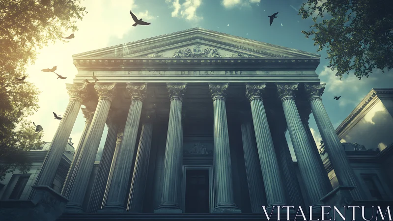 Neoclassical courthouse facade under dramatic morning light.