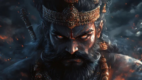 Storm-eyed warrior king crowned in ember-lit fury.