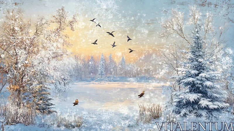 Gentle winter lake at sunrise with birds in soft golden light.