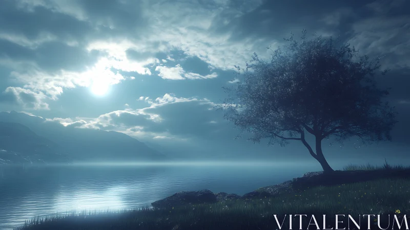 Solitary tree on misty lakeshore under bright blue moonlight.