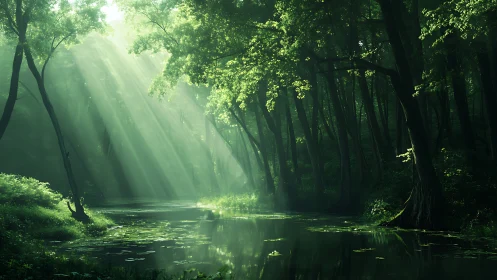 Forest stream with cathedral light through canopy.