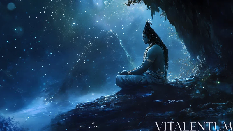 Starlit blue figure meditates calmly beneath a glowing sky