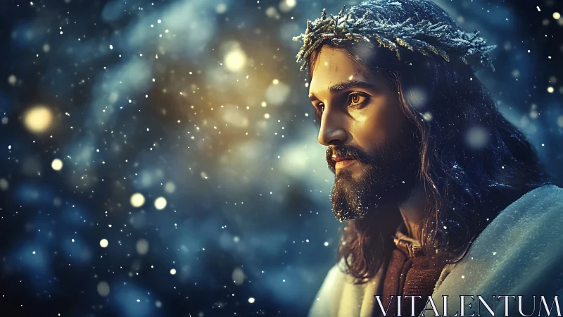 Snowlit holy figure crowned with frost kissed evergreen grace.