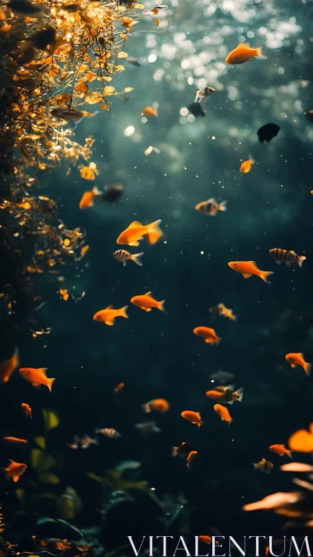 Sunlit goldfish drifting through a dreamy underwater garden.