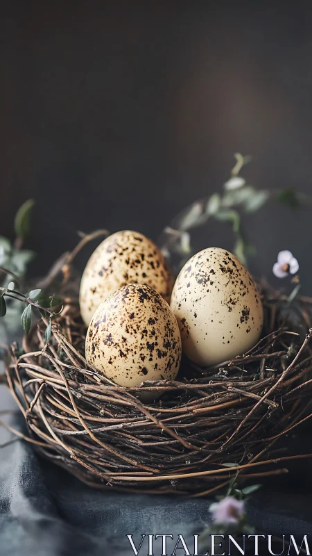 Speckled woodland eggs cradled in a storybook twig nest.