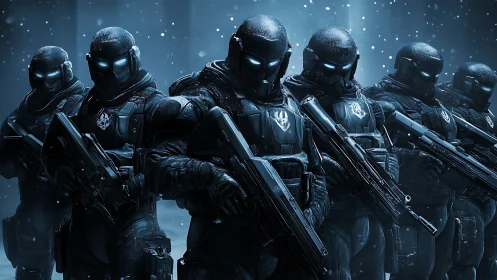 Armored cybernetic strike team advances through frozen combat zone