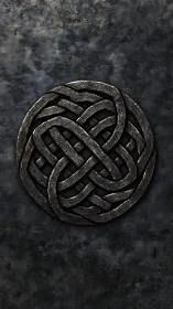 Interwoven metallic knot emblem on textured stone surface.