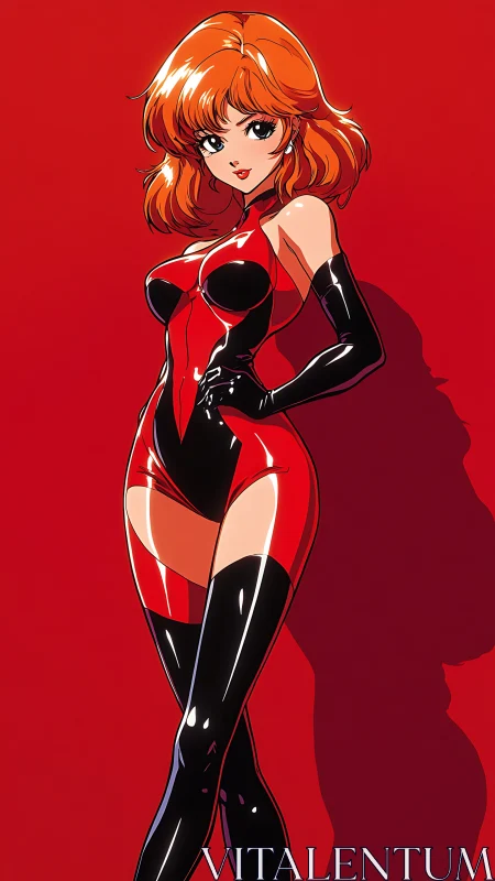 Red-haired anime heroine poses in glossy bodysuit.