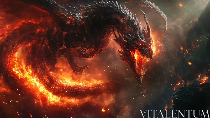 Infernal dragon erupts over volcanic chasm in blazing fury.