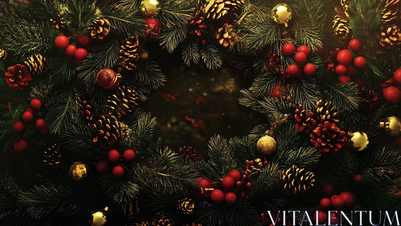 Christmas wreath glows with golden pinecones and berries.