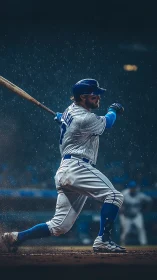 Right-handed baseball batter swinging in rainy stadium.