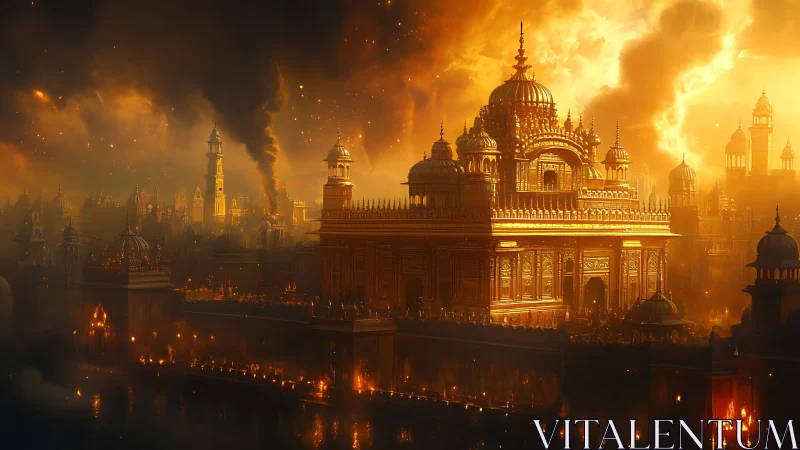 Emberlit golden citadel rising through smoke and twilight fire.