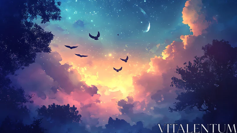 Twilight sky bursting with birds, nebula clouds and crescent moon.