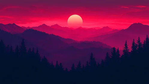 Gradient-lit mountain ridges under stylized neon magenta sun