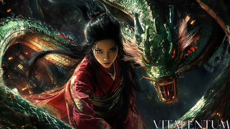 Dynamic fantasy portrait with dragon guardian in motion.