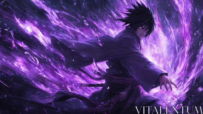 Dark-clad anime warrior with swirling violet energy field.