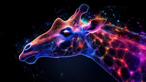 Neon linework outlines a digital giraffe profile on black