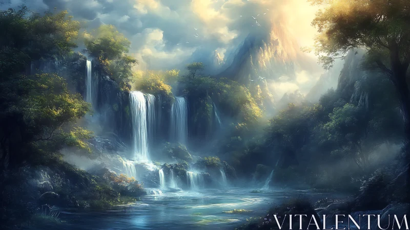 Sunlit waterfalls pour gently into a misty forest pool