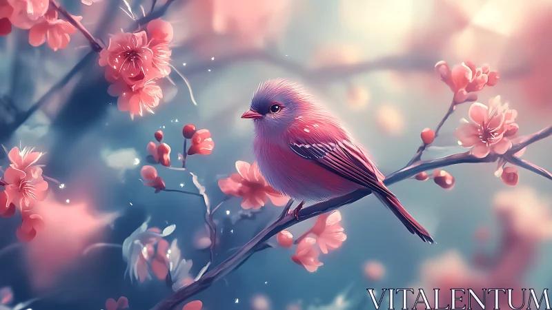 Small pink songbird perches on flowering branch in soft focus