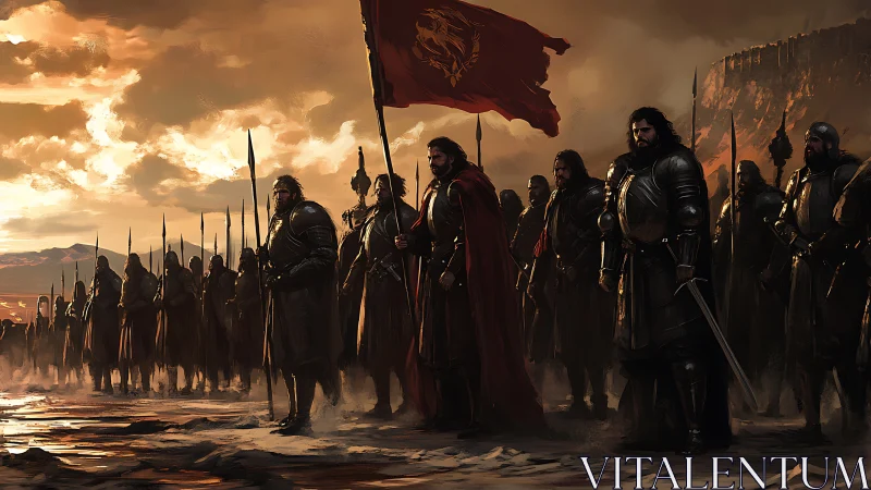 Crimson standard rising above a grim medieval war host.