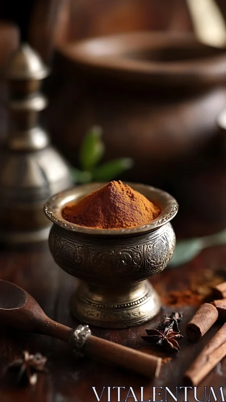 Warm cinnamon spice rests in an ornate vintage brass bowl