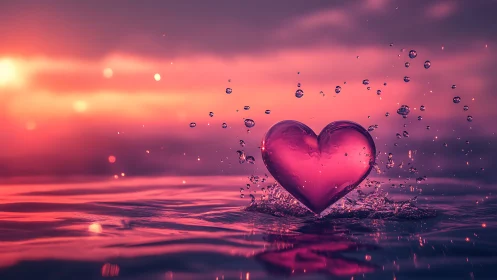 Water Heart Form at Sunset with Floating Droplets