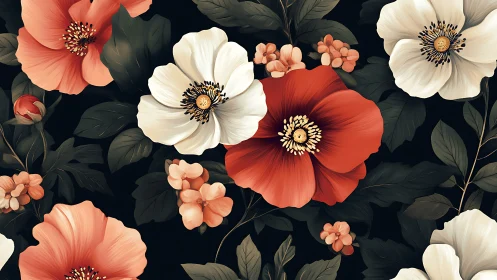 Botanical Romance: Layered Florals Against Obsidian Canvas.