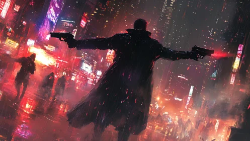Lone gunfighter in neon-soaked rainy cyberpunk megacity streets.