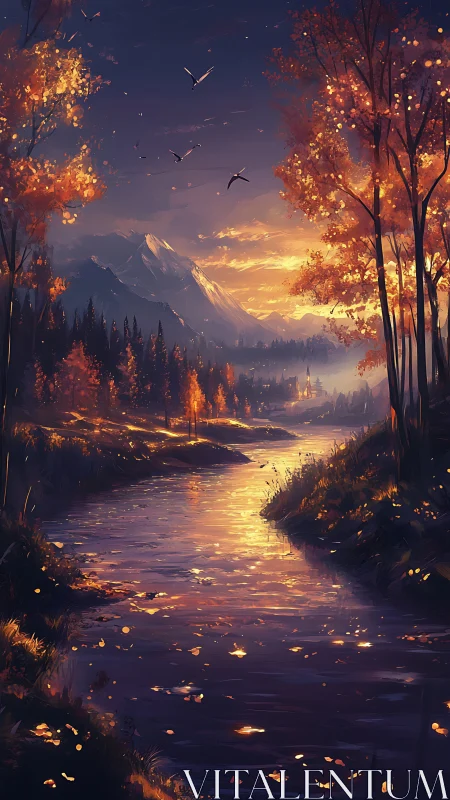 Autumn river valley reflects low-angle sunset with layered mountains