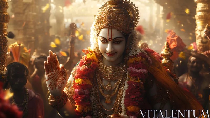 Hindu deity statue in ceremonial procession with garlands.