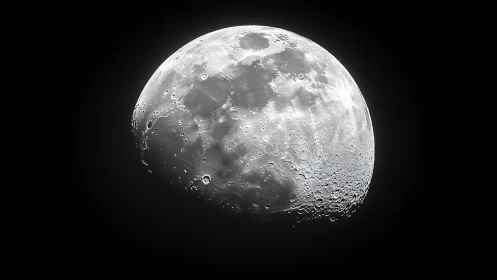 Lunar surface close-up with illuminated craters in shadowed space.