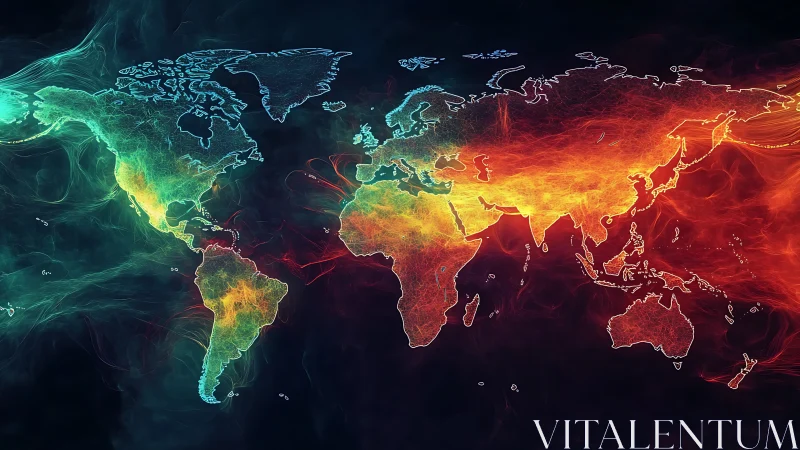 Digital painting world map with luminous thermal gradient overlay.